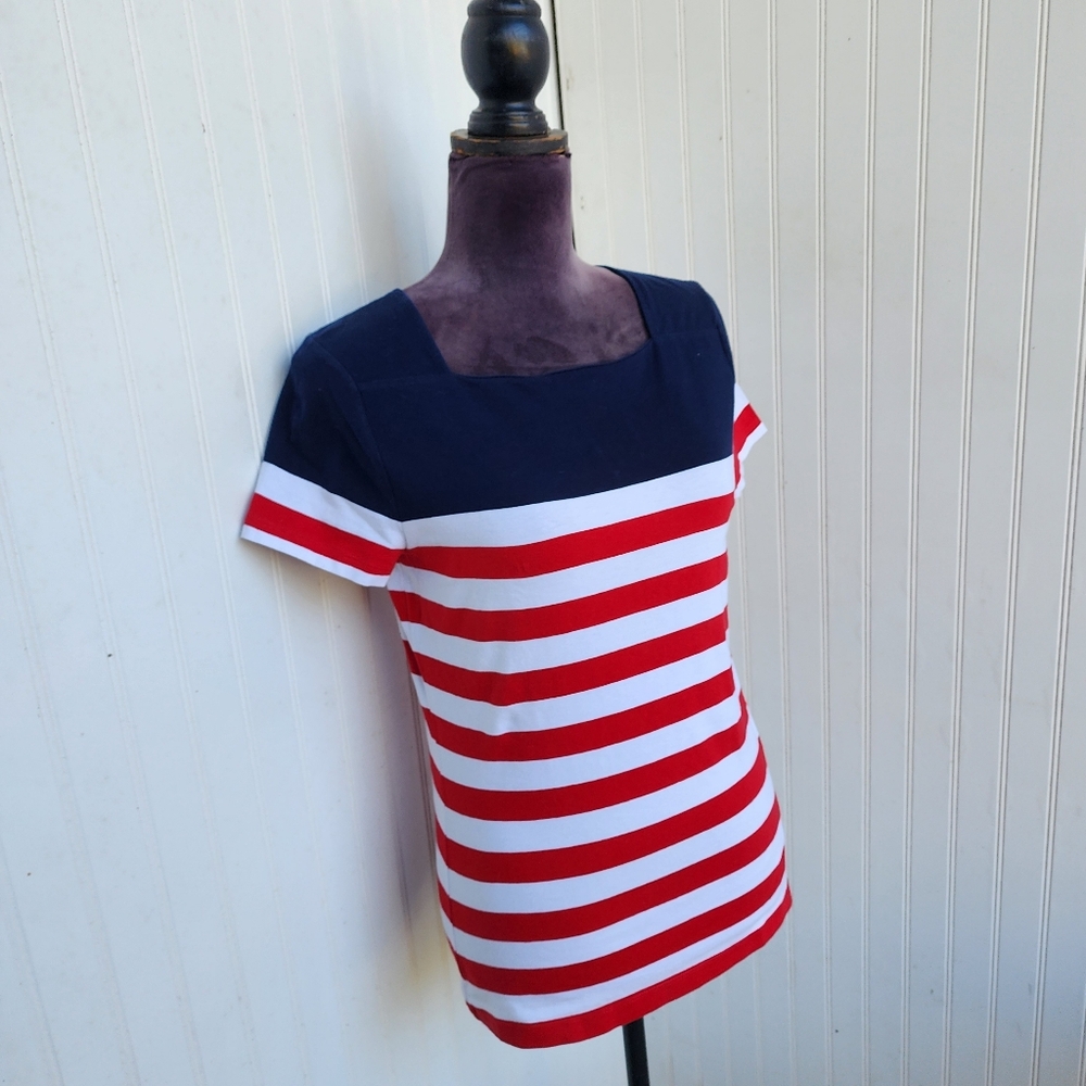 Chaps Classics Navy White Red Stripe Square Neck Short Sleeve T Shirt Nautical M - Picture 3 of 10